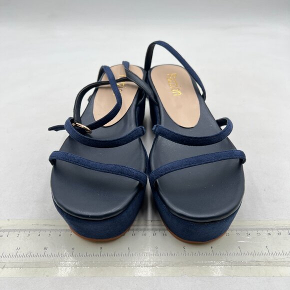 Pazzion Dark Blue Platform Strappy Open Toe Wedge Heel Sandal Strap Buckle Shoes - Picture 3 of 8